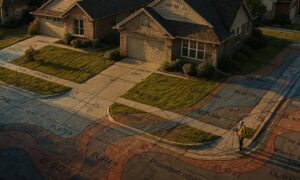 Aerial view of suburban homes with a flood map overlay showing how an ALTA title survey reveals real property elevations and flood risk