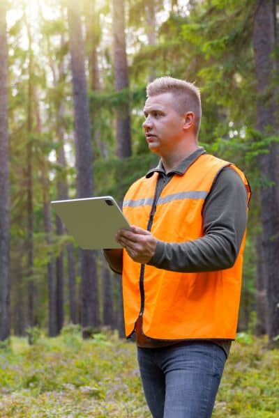 Construction staking survey data check under canopy - ALTA SURVEY Mississippi Surveyor using a tablet to check construction staking survey data under tree cover