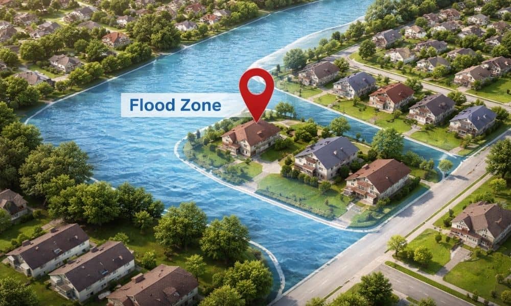 Aerial view of a residential area with a highlighted flood zone showing where an elevation certificate may be required