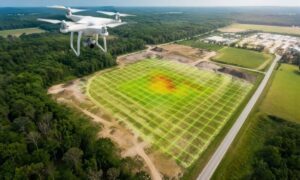 A drone capturing aerial data over a large property to support land surveying and site planning