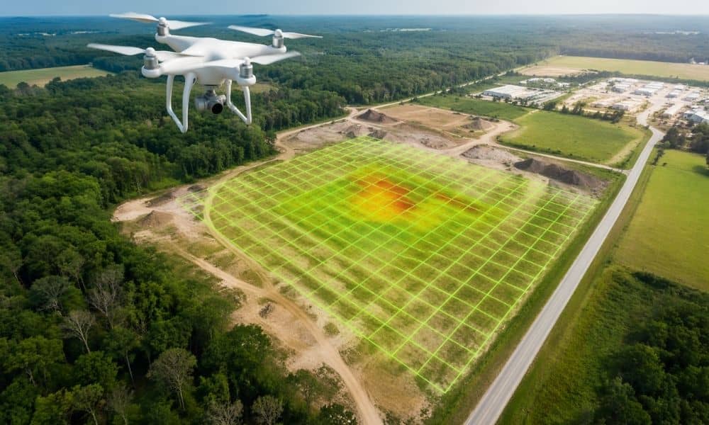 A drone capturing aerial data over a large property to support land surveying and site planning