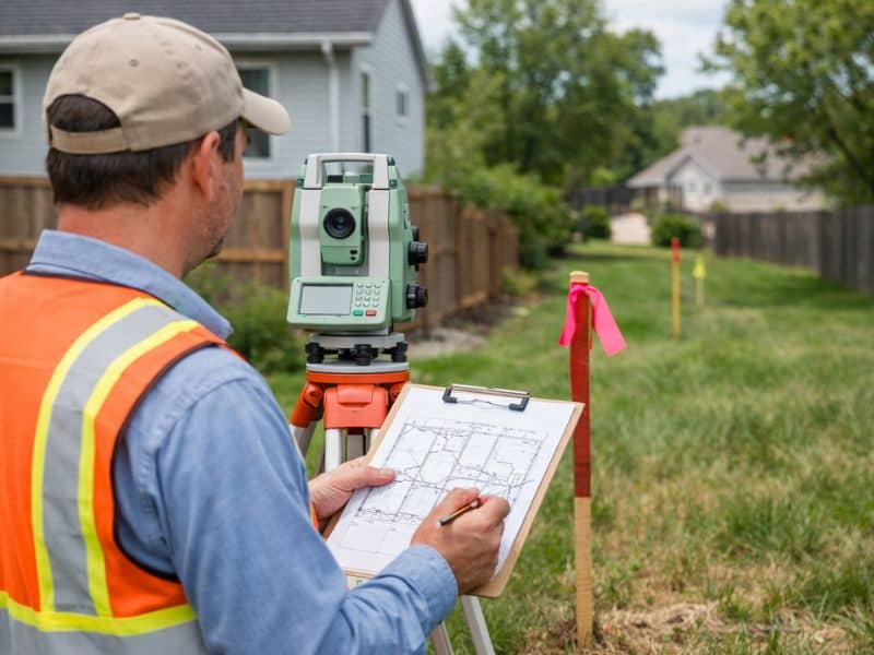 Surveyor performing land boundary verification on a residential property in Tupelo, MS to confirm property lines