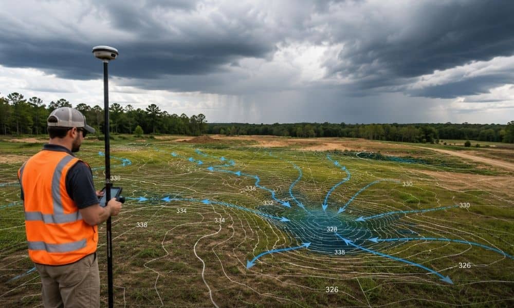 A land surveyor performs survey mapping on an undeveloped site, with contour lines showing how water will drain across the property