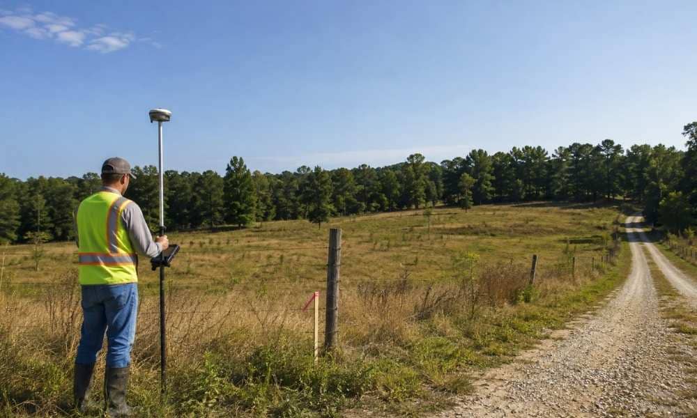 Surveyor measuring rural acreage near Tupelo while evaluating property conditions that can affect land survey cost