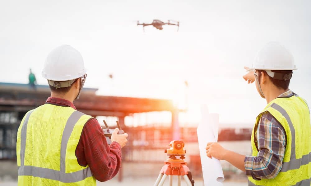 Drone land surveying faa bvlos - ALTA SURVEY Mississippi Drone land surveying with surveyors operating a drone on a construction site under FAA BVLOS rules