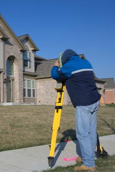 Residential boundary survey fieldwork - ALTA SURVEY Mississippi Surveyor using equipment to conduct a boundary survey in front of a house