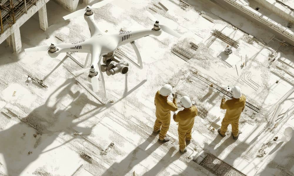 Engineers using survey drones over a construction site to capture aerial mapping data