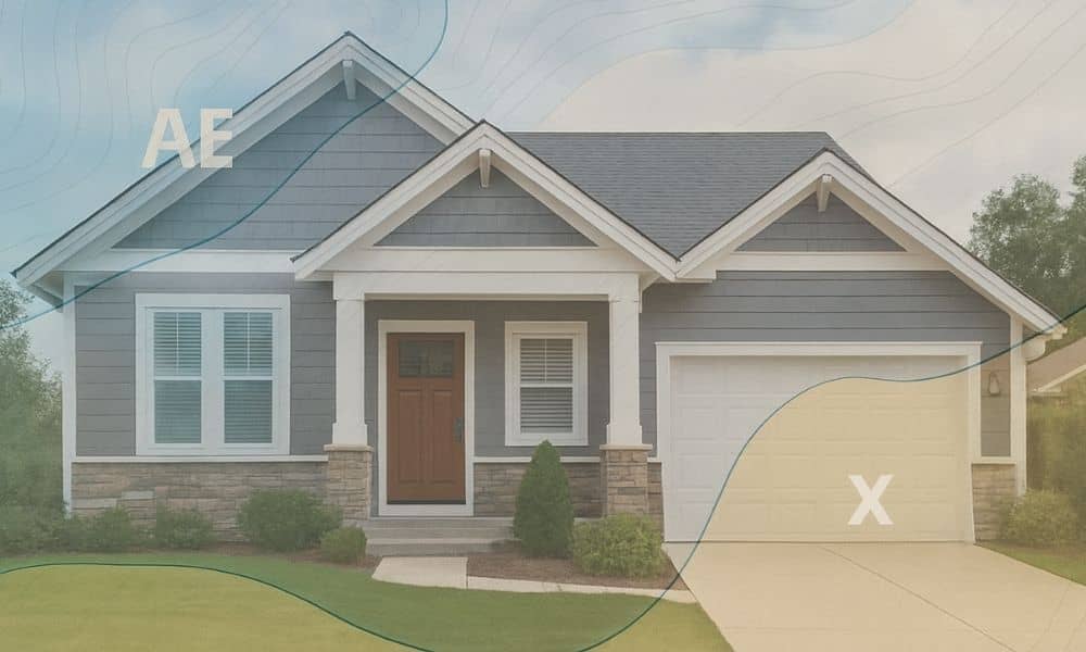 House with ae and x flood zones overlaid, showing why an elevation certificate may be needed when flood maps change