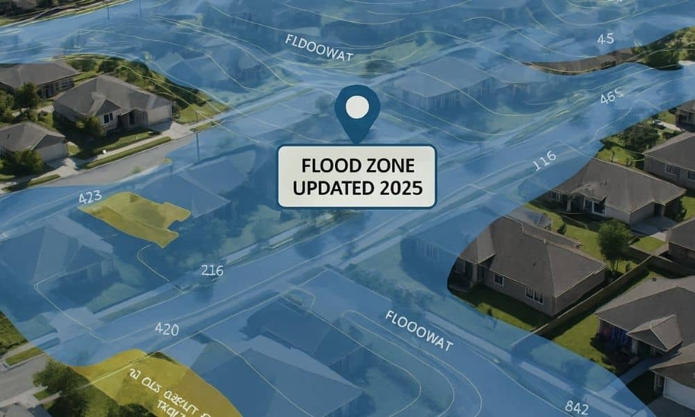 Updated flood zone map 2025 elevation survey - ALTA SURVEY Mississippi Aerial view of a neighborhood with a 2025 flood zone map overlay showing elevation lines and risk areas, highlighting the need for an elevation survey