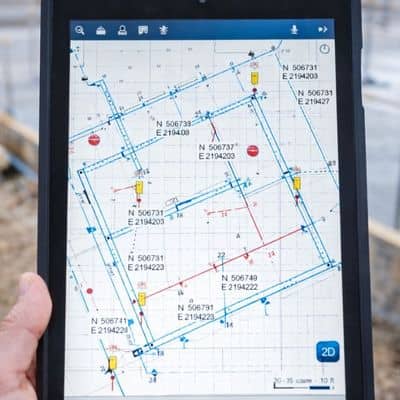 Construction surveyor reviewing a digital site layout plan with control points on a tablet at an active jobsite