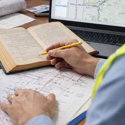 Surveyor reviewing property records and maps on a laptop during boundary survey research