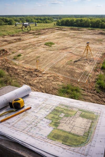 Aerial view of a property with survey data and site plans as part of a due diligence survey for development projects