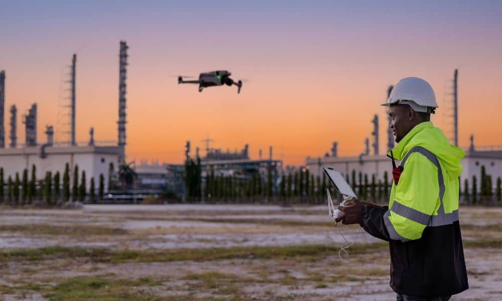 Licensed land surveyor using a drone to map land accurately for drone land surveying