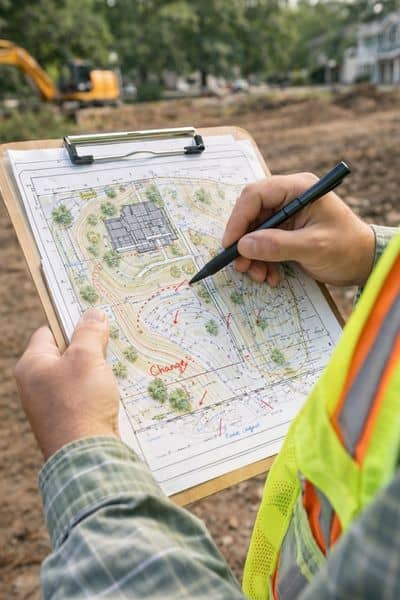 Surveyor reviewing a topographic survey and site plan during the approval process