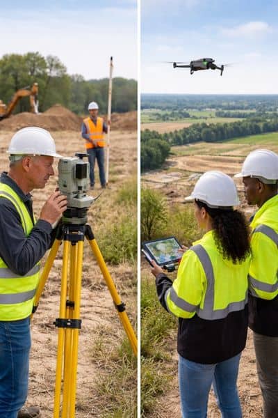 A vertical split image showing licensed land surveyors using traditional equipment and drone operators capturing aerial data for drone land surveying
