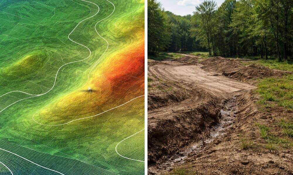 Side-by-side view of lidar mapping data and real terrain showing differences in elevation and ground detail
