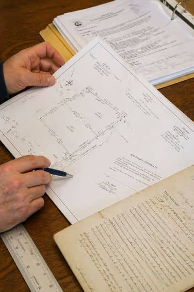 Property survey documents and maps on a desk as surveying companies prepare land for division