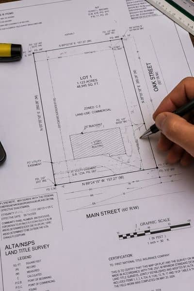 Site plan and survey document showing property lines and measurements for an ALTA survey