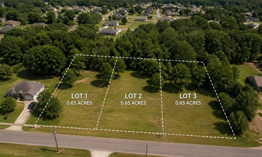 Survey stakes marking new property lines as surveying companies prepare land for division