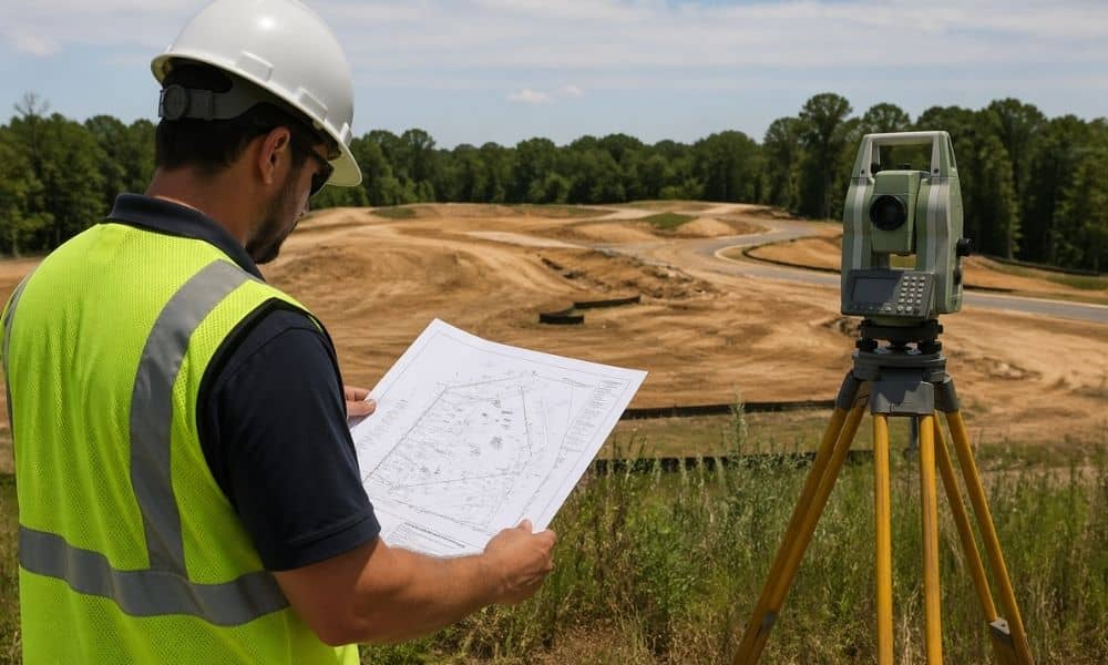 Surveyor reviewing property documents on-site for an ALTA survey