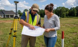 Homebuyer reviewing a property survey with a professional surveyor to understand land survey cost before closing