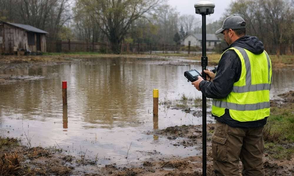 Land surveyor using GPS equipment on a flooded property after heavy rain, illustrating conditions that can increase property survey cost