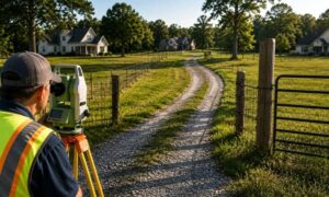Shared driveway survey rural property - ALTA SURVEY Mississippi Licensed land surveyor inspecting a shared rural driveway crossing multiple properties to verify legal access and property boundaries before construction or sale