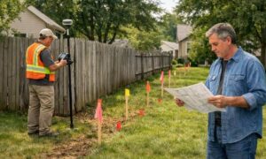 Boundary survey cost old fence property line - ALTA SURVEY Mississippi Land surveyor marking a property line beside an old fence while a homeowner reviews documents about boundary survey cost