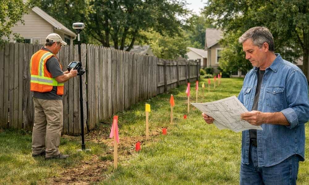 Land surveyor marking a property line beside an old fence while a homeowner reviews documents about boundary survey cost