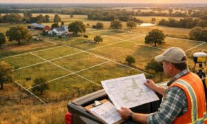 Cadastral surveyor reviewing a plat map while dividing inherited family farmland into legal parcels