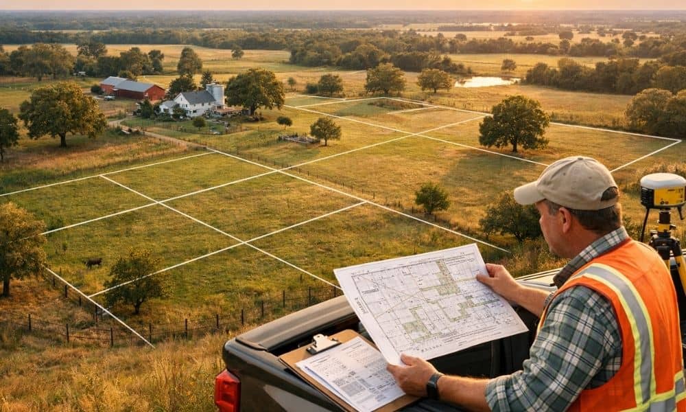 Cadastral surveyor reviewing a plat map while dividing inherited family farmland into legal parcels