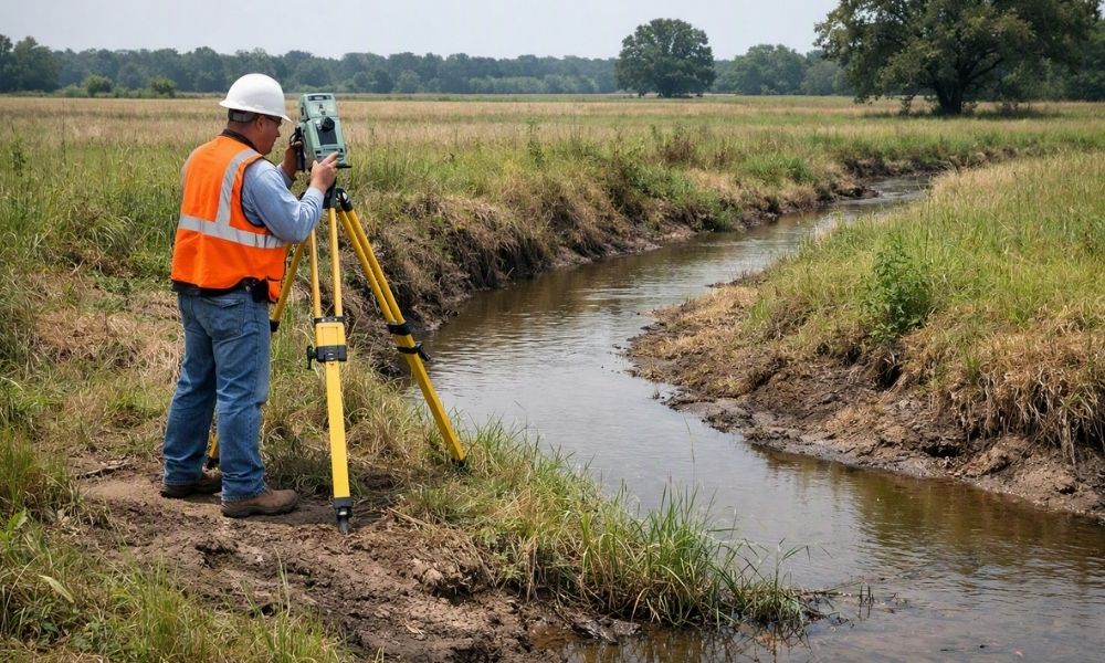 A land surveyor measures a creekside lot with a drainage ditch and low ground in rural Mississippi, where property survey cost may be affected by terrain and water access