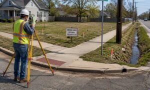 Surveyor examining a corner lot in Tupelo, Mississippi, where site features can affect boundary survey cost